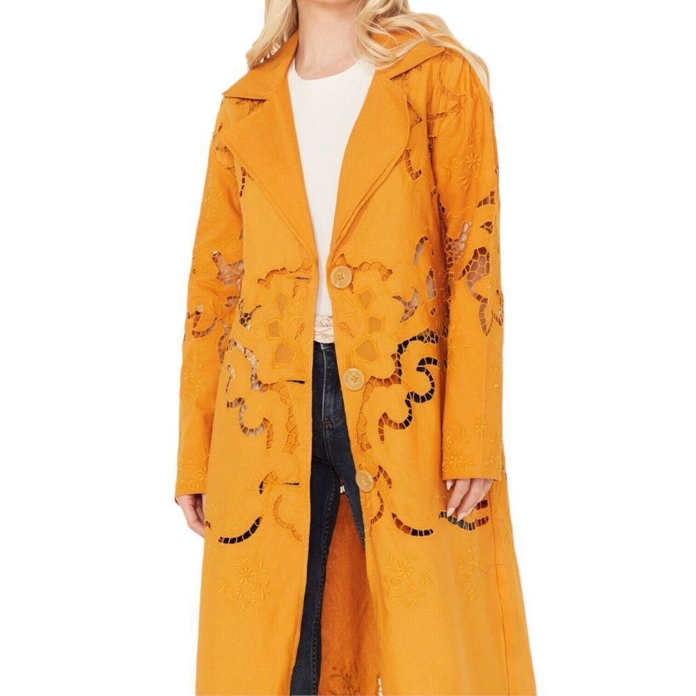 Free People Mustard Yellow Embroidered Trench Coat - Picture 3 of 5